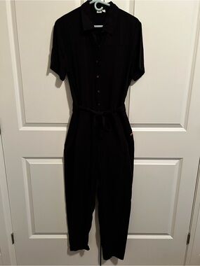 tentree Black Short-Sleeve Button Jumpsuit with Tie Waist